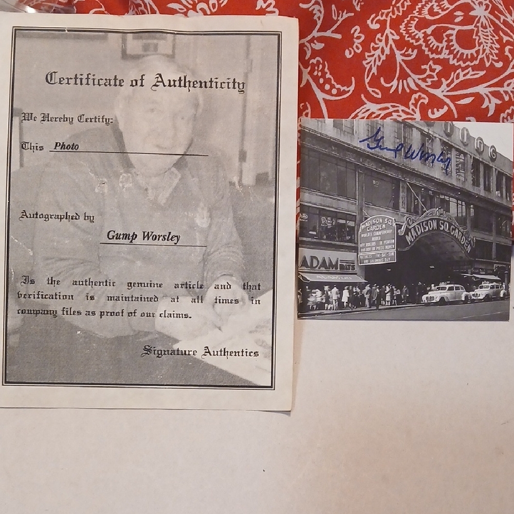 "GUMP WORSLEY" AUTOGRAPH WITH COA Madison Square Gardens Photo Card.(NHL Goalie)